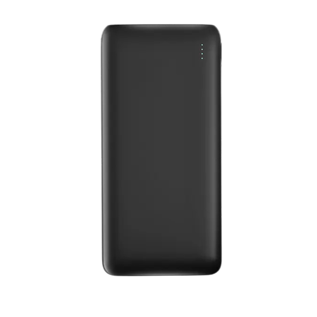 Wir präsentieren die stylische Premium Powerbank 10000 mAh von The Hoti, ein elegantes schwarzes rechteckiges Gerät mit glatten Kanten. Es bietet eine beeindruckende Kapazität von 10000 mAh und verfügt über vier kleine LED-Anzeigen in der oberen rechten Ecke. Im Lieferumfang ist ein USB-Kabel enthalten und das Gerät ist elegant vor einem schlichten weißen Hintergrund dargestellt.